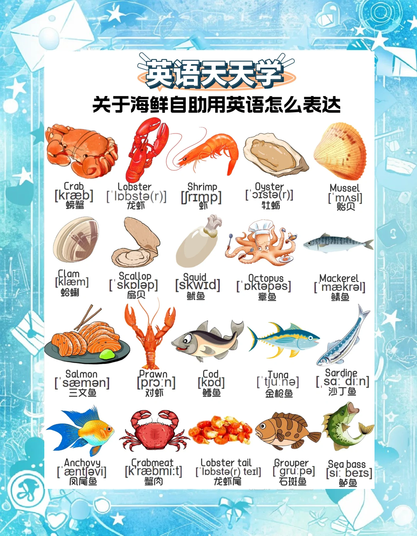 常见海鲜种类名称图片(常见海鲜种类名称图片长条形状大全图解)