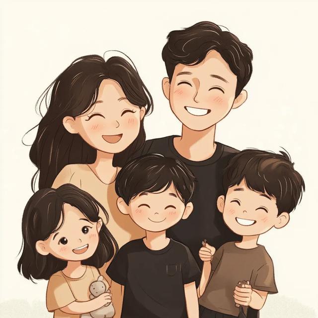 五口之家卡通图片(一家五口两儿子一女儿背景图)